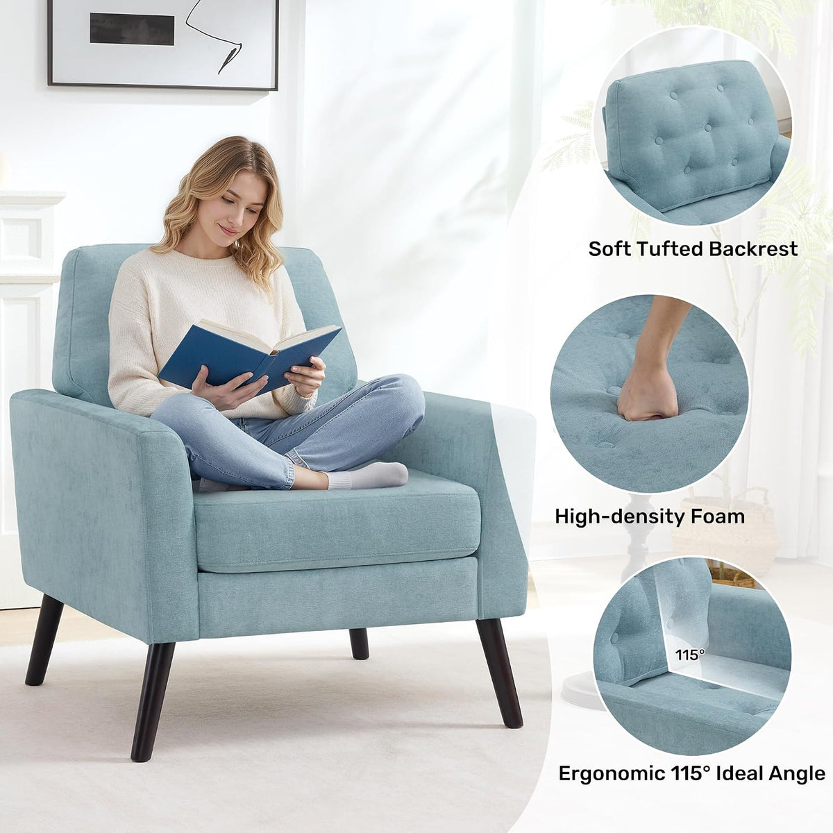 Accent Chair for Living Room, Mid Century Modern Reading Chair, Upholstered Armchair with Tufted Back & Wood Legs, Single Sofa Side Chair for Bedroom Small Room Office Apartment, Teal Green