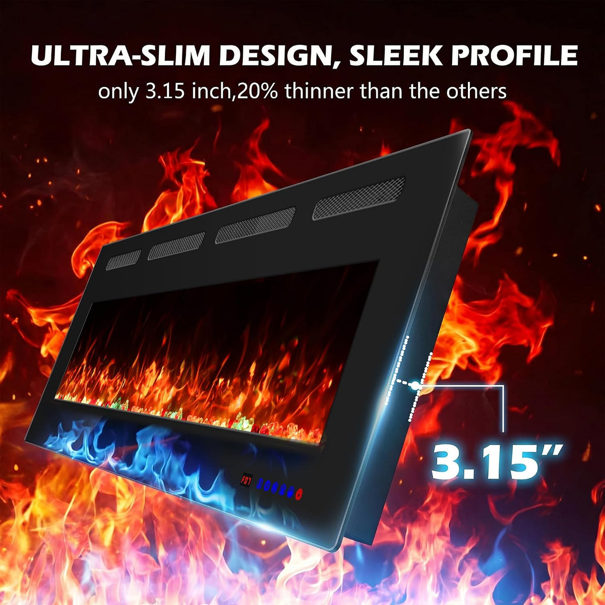 72" Ultra-Thin Electric Fireplace, Recessed/Wall, WiFi App, Black