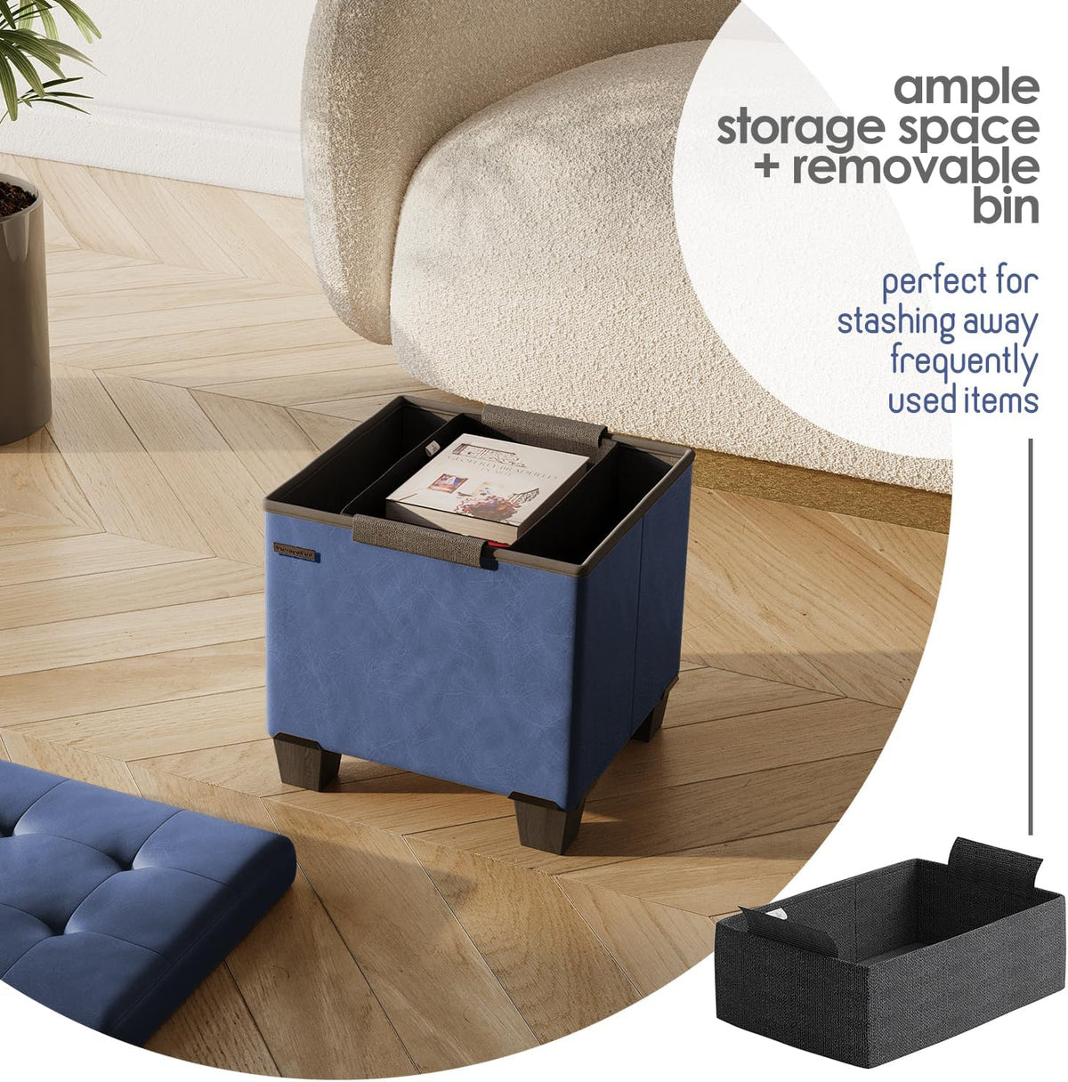 Storage Ottoman Cube with Small Bin, 15-in Square Ottoman with Storage for Living Room and Bedroom, Small Ottomans Foot Rest, Leather Foot Stools Ottomans Max 330lbs, Blue