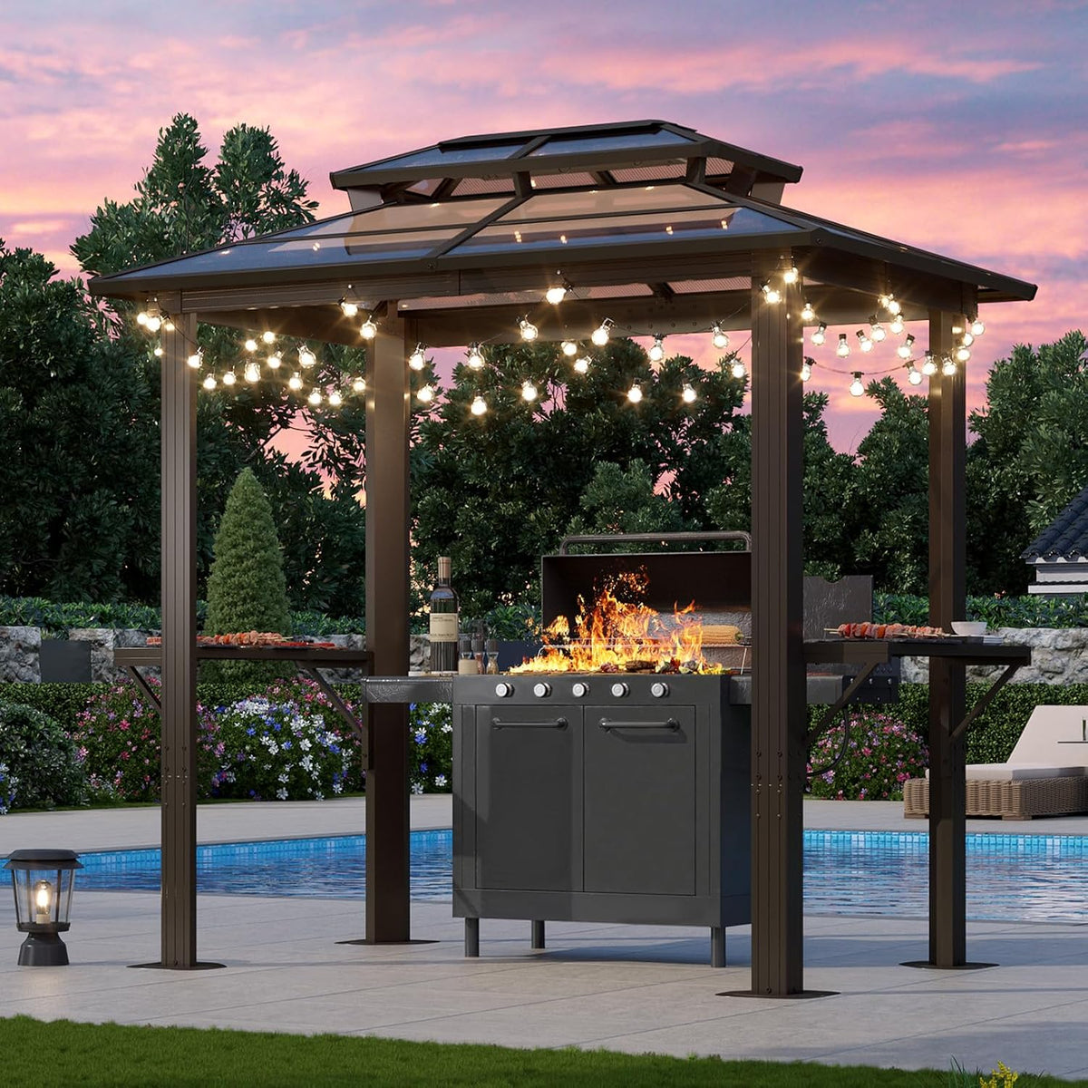 Aoxun 8'x5' Hardtop Grill Gazebo with Double Polycarbonate Top, Brown