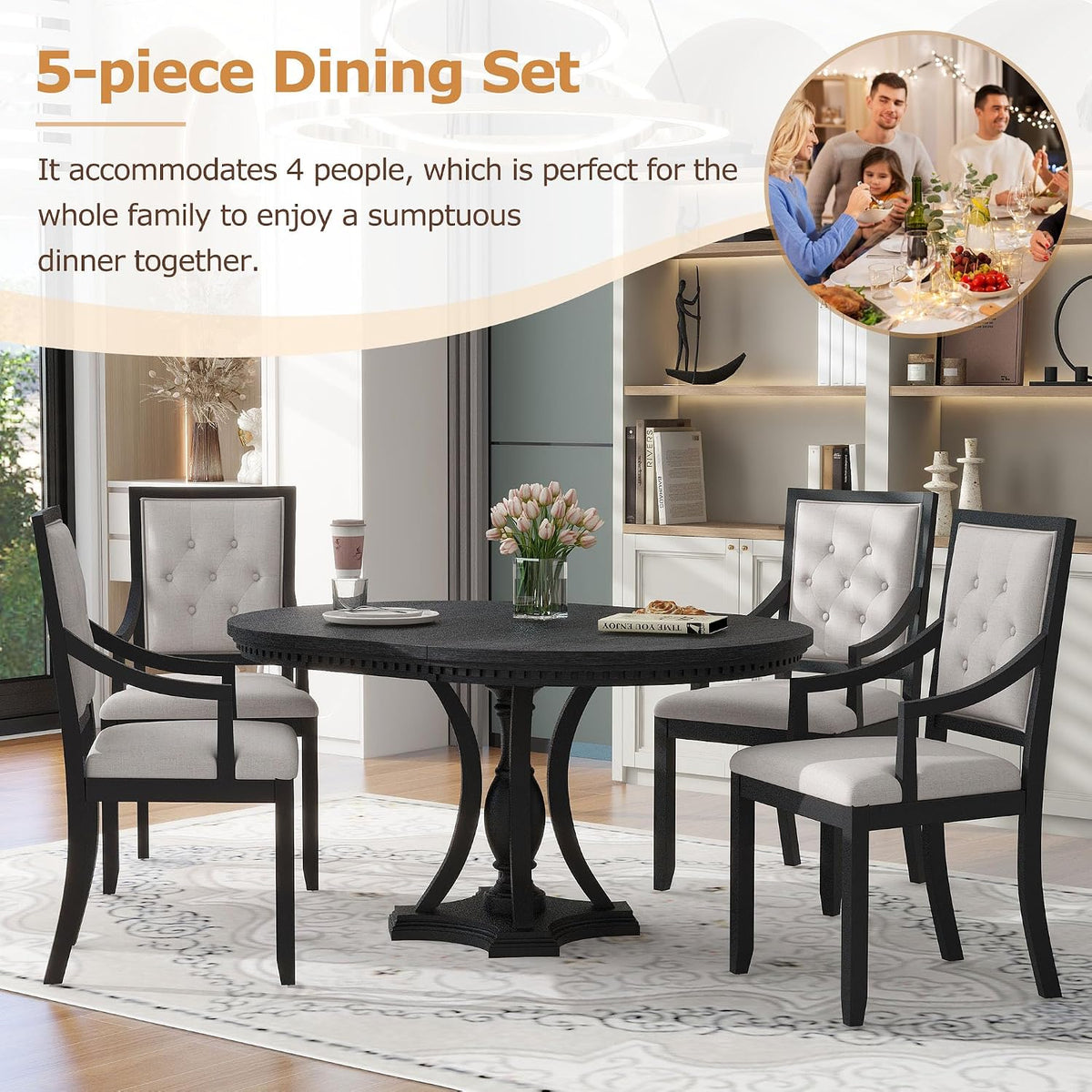 LUMISOL Extendable Round Dining Table Set for 4-6, 42"-58" Round to Oval Kitchen Table Set with 4 Upholstered Chairs for Kitchen, Dining Room, Small Space, Black Oak
