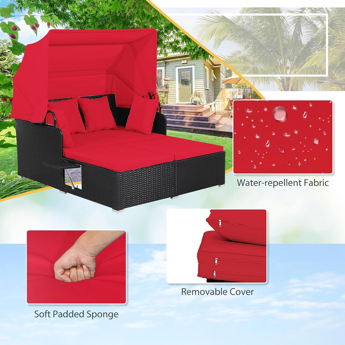 dreamade outdoor daybed with canopy, 2 person rattan, close-up detail