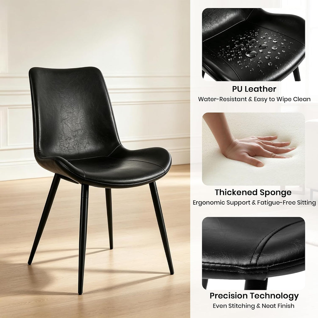 CangLong Modern Dining Chairs Set of 2, Faux Leather Upholstered Armless Accent Chairs with Soft Backrest & Metal Legs, for Living Room Meeting Room, Black