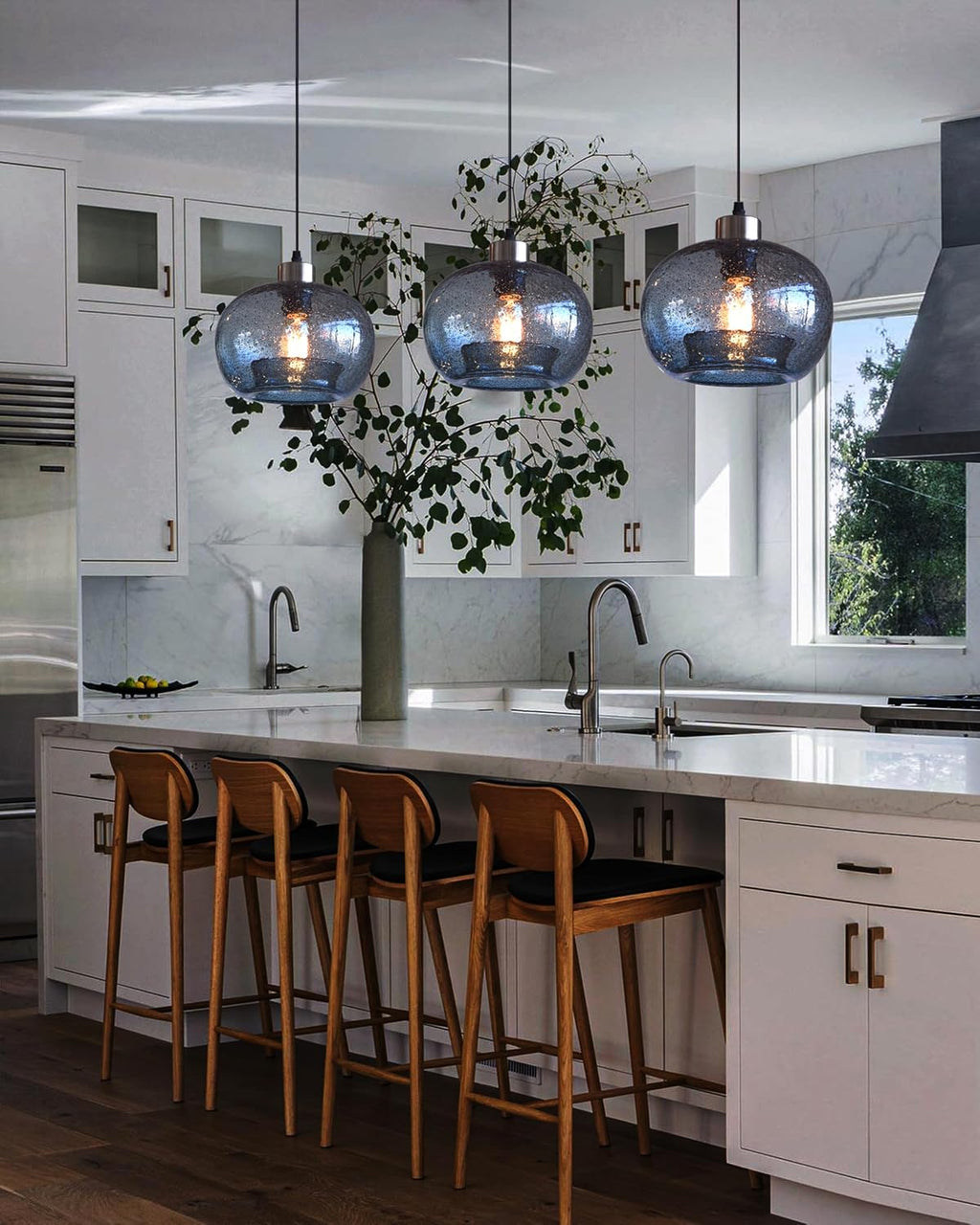 CASAMOTION Blue Pendant Light, Hand Blown Glass,Brushed Nickel, 8.7 Inch