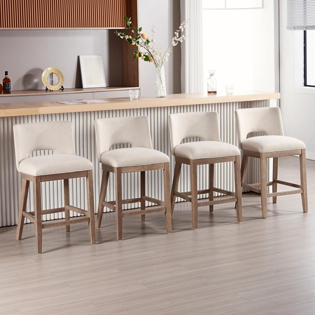 Farmhouse Bar Stools Set of 4, 26" Counter Height Barstools, Linen Upholstered Barstools with Open Back for Kitchen Island/Breakfast Bar/Home Pub, Beige