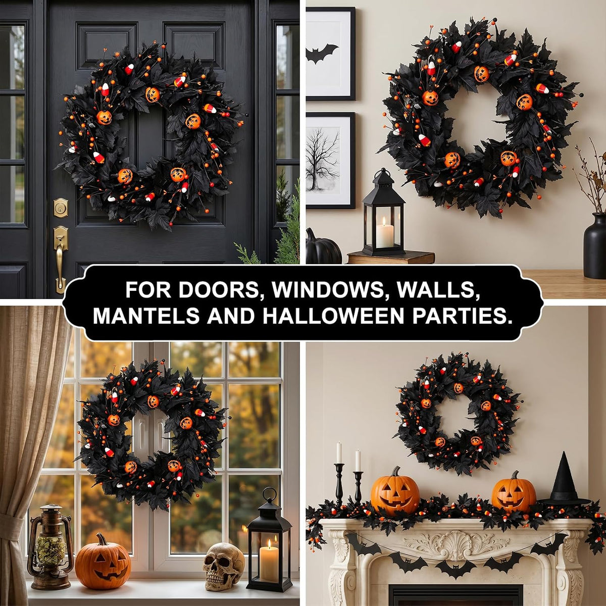 Pumpkin Halloween Wreath 24 Inch Black Maple Leave Wreaths for Front Door with Ghost Pumpkin Orange Berries for Indoor Window Wall Halloween Party