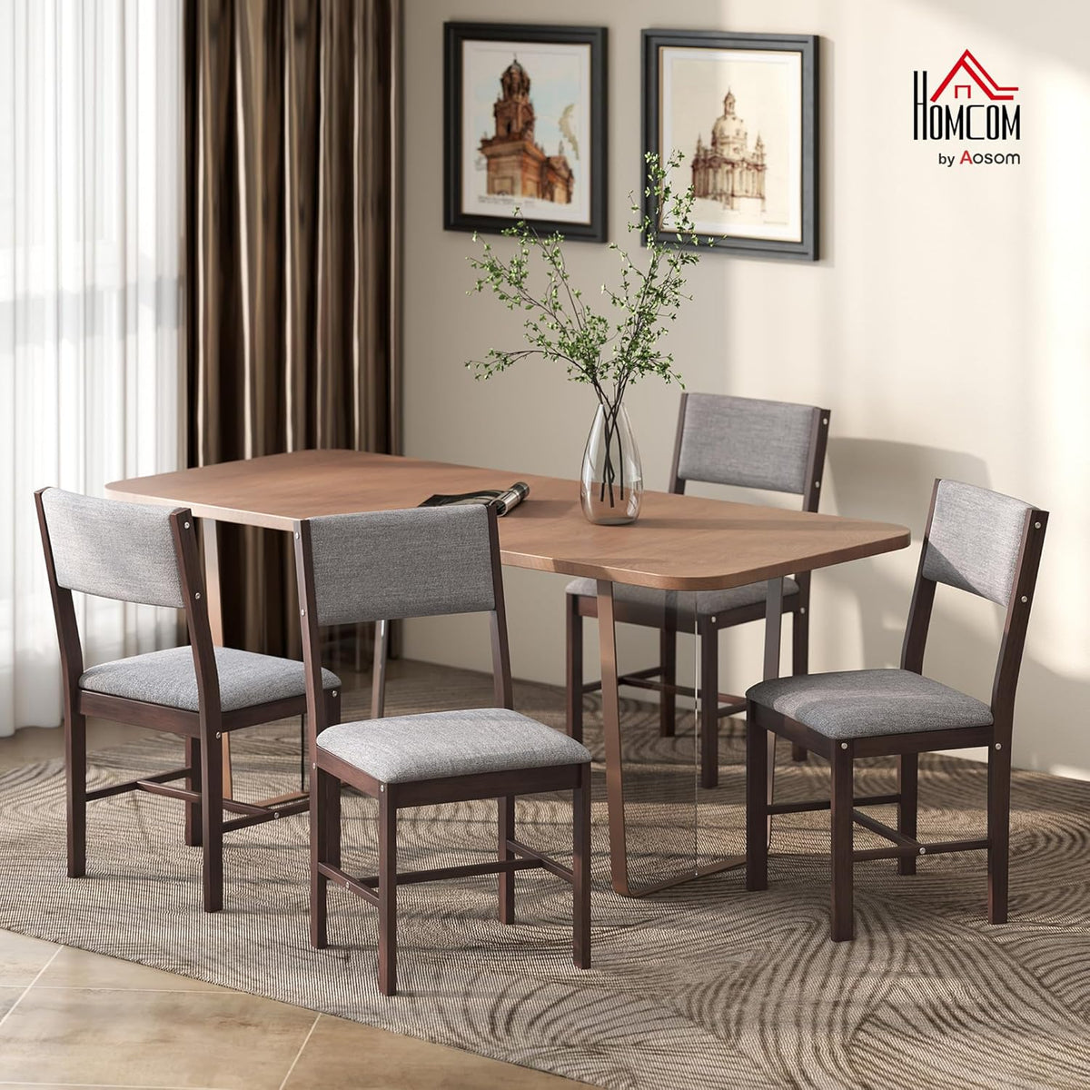 HOMCOM Solid Wood Dining Chairs Dining Room Upholstered Set of 4 Gray