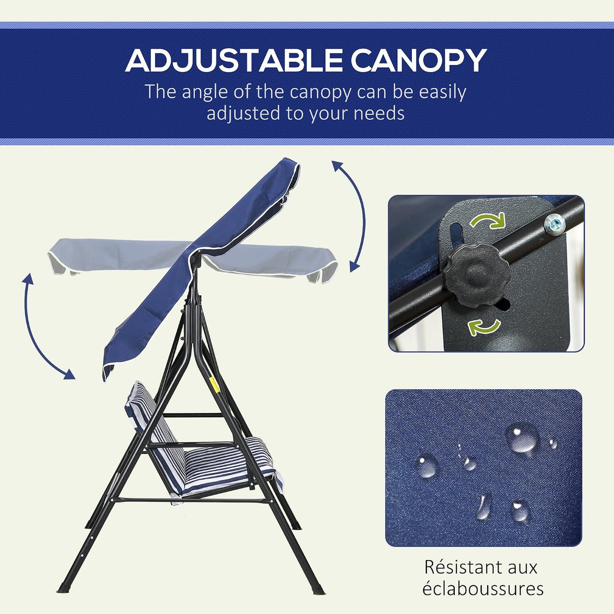 Outsunny 3-Person Porch Swing w/Stand Adjustable Tilt Canopy, Dark Blue