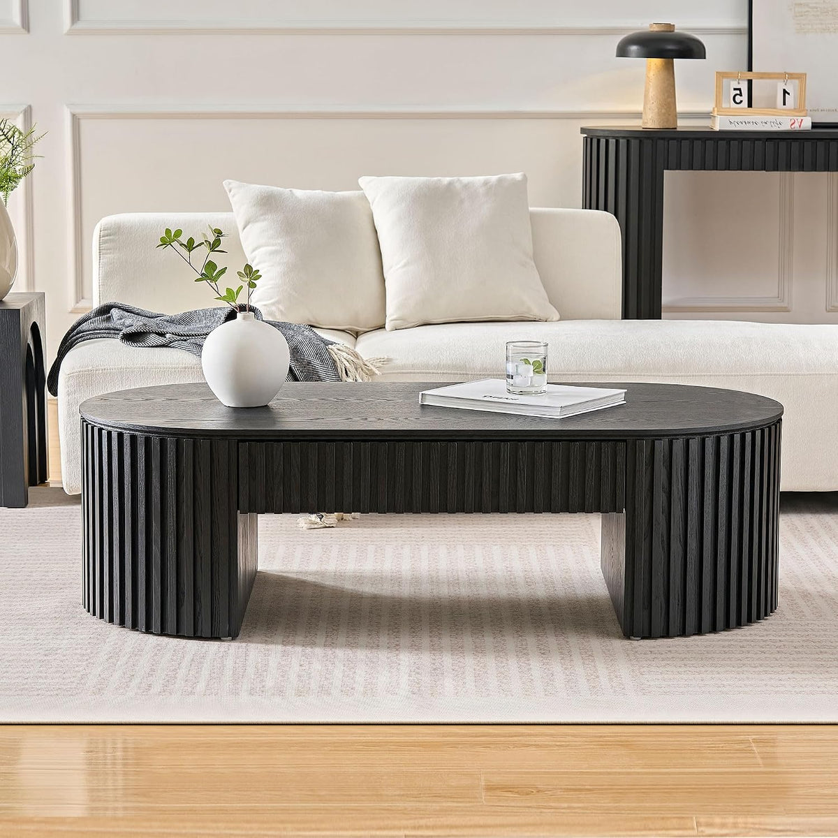 51.18'' Oval Wood Coffee Table with Drawer, Centre Table Tea Table Fluted Coffee Table Mid Century Modern Coffee Table Round Coffee Table Unique Coffee Table for Living Room Apartment-Black