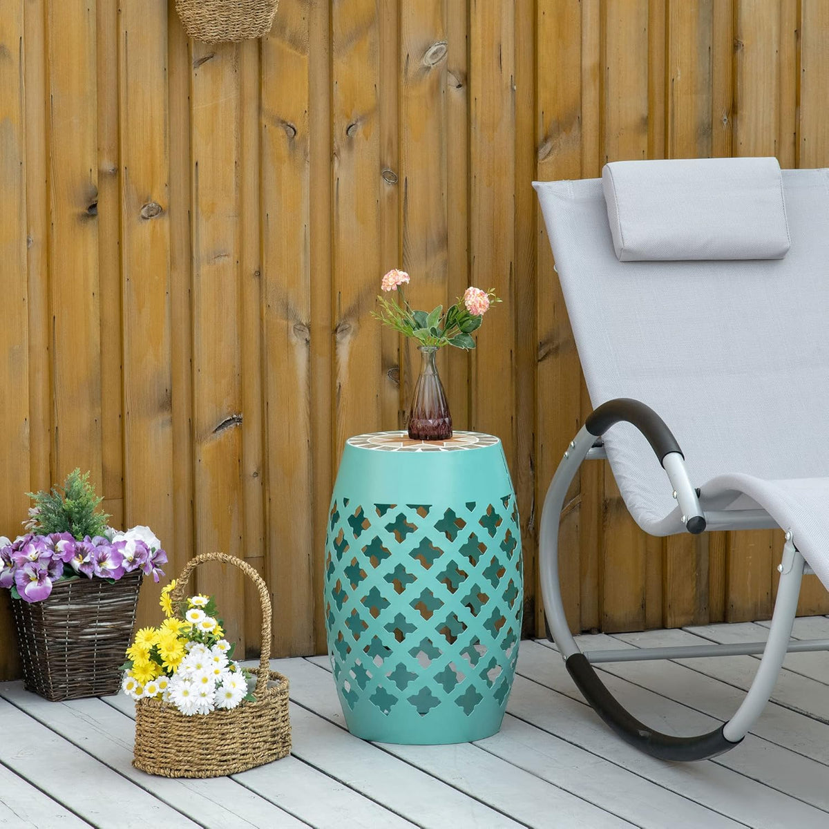 Outsunny Decorative Outdoor Stool, 12" Round Patio Side Table, Mosaic Blue