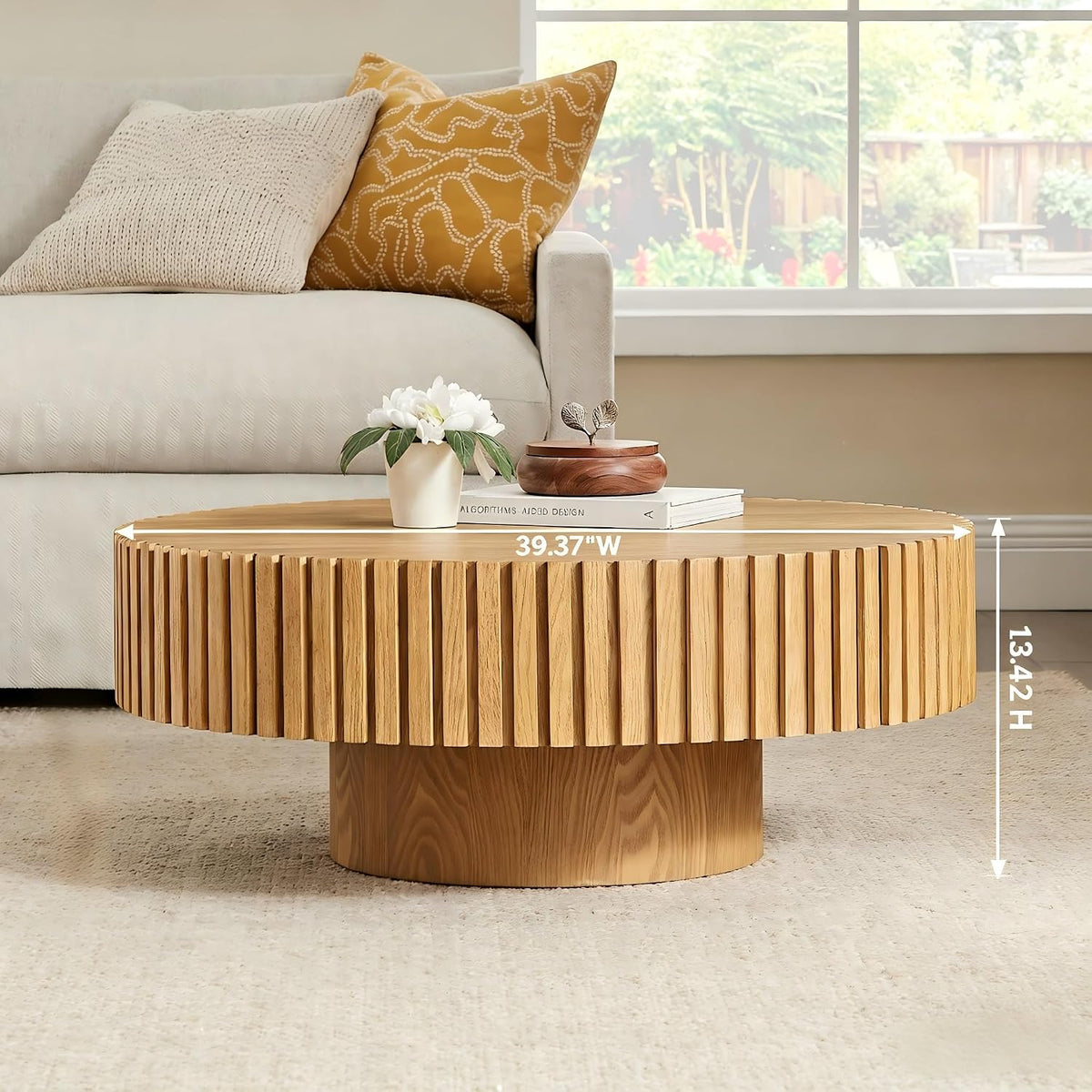 KEVINSPACE Round Coffee Table, 39" Big Wooden Fluted Coffee Table with Fluted Base, Circle Accent Center Table for Living Room Apartment Office Small Space, Easy Assembly, Wood