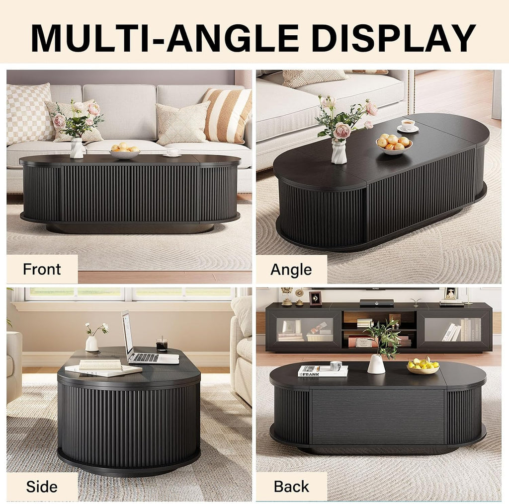 HSH 47" Oval Coffee Table with Storage, Black Coffee Table for Living Room