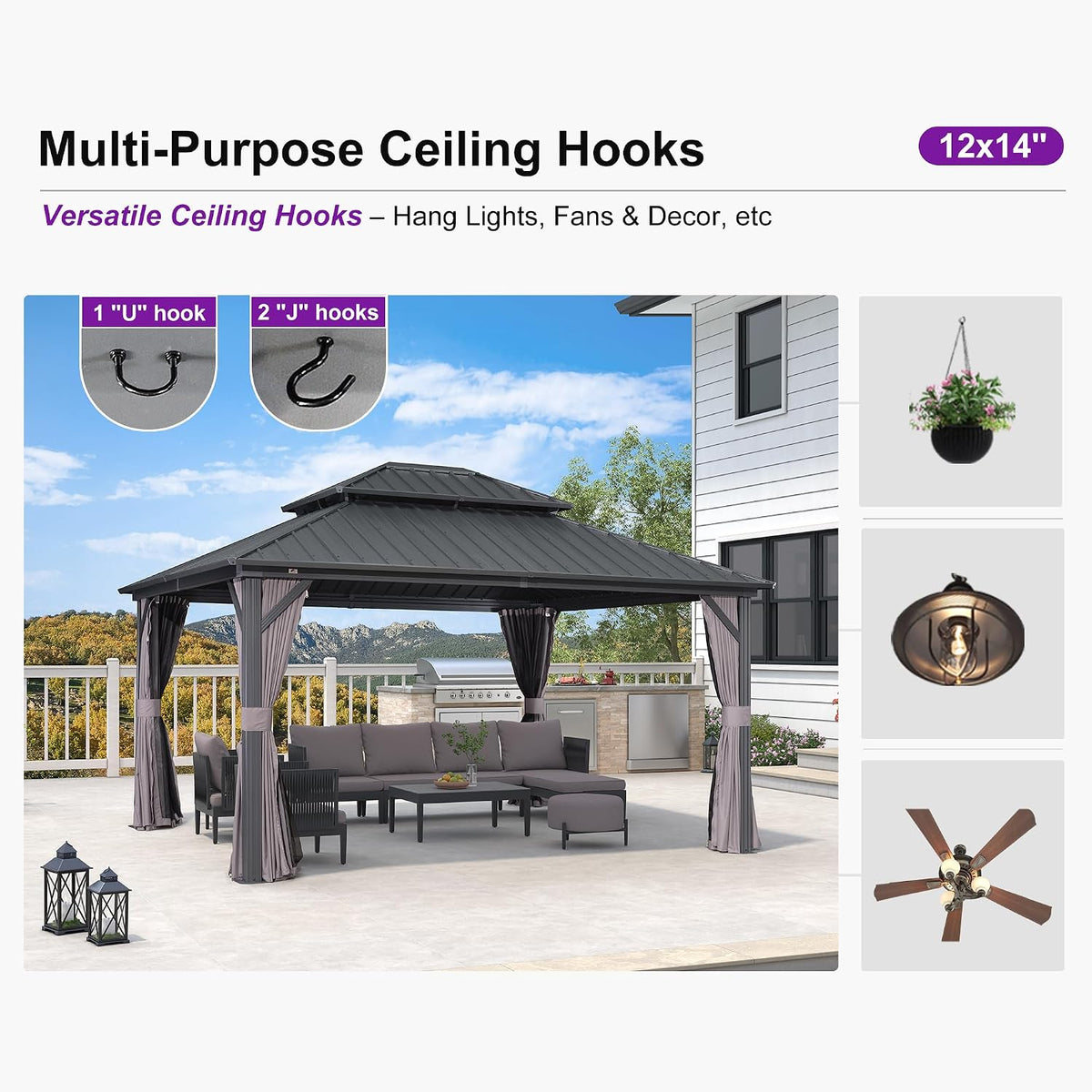 PURPLE LEAF Patio Aluminum Hardtop Gazebo 12' x 14' Privacy Curtain, Grey