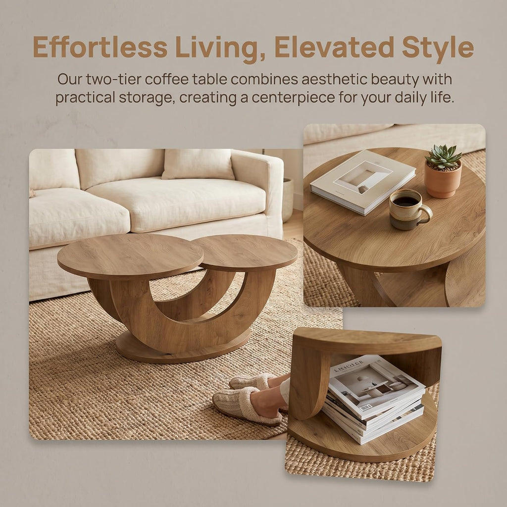 Tribesigns 45.3" Round Wood Coffee Table, 2-Tier Farmhouse Center Table