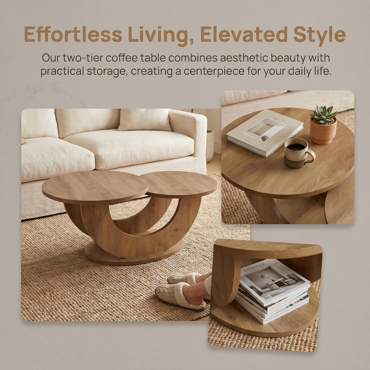 Tribesigns 45.3" Round Wood Coffee Table, 2-Tier Farmhouse Center Table