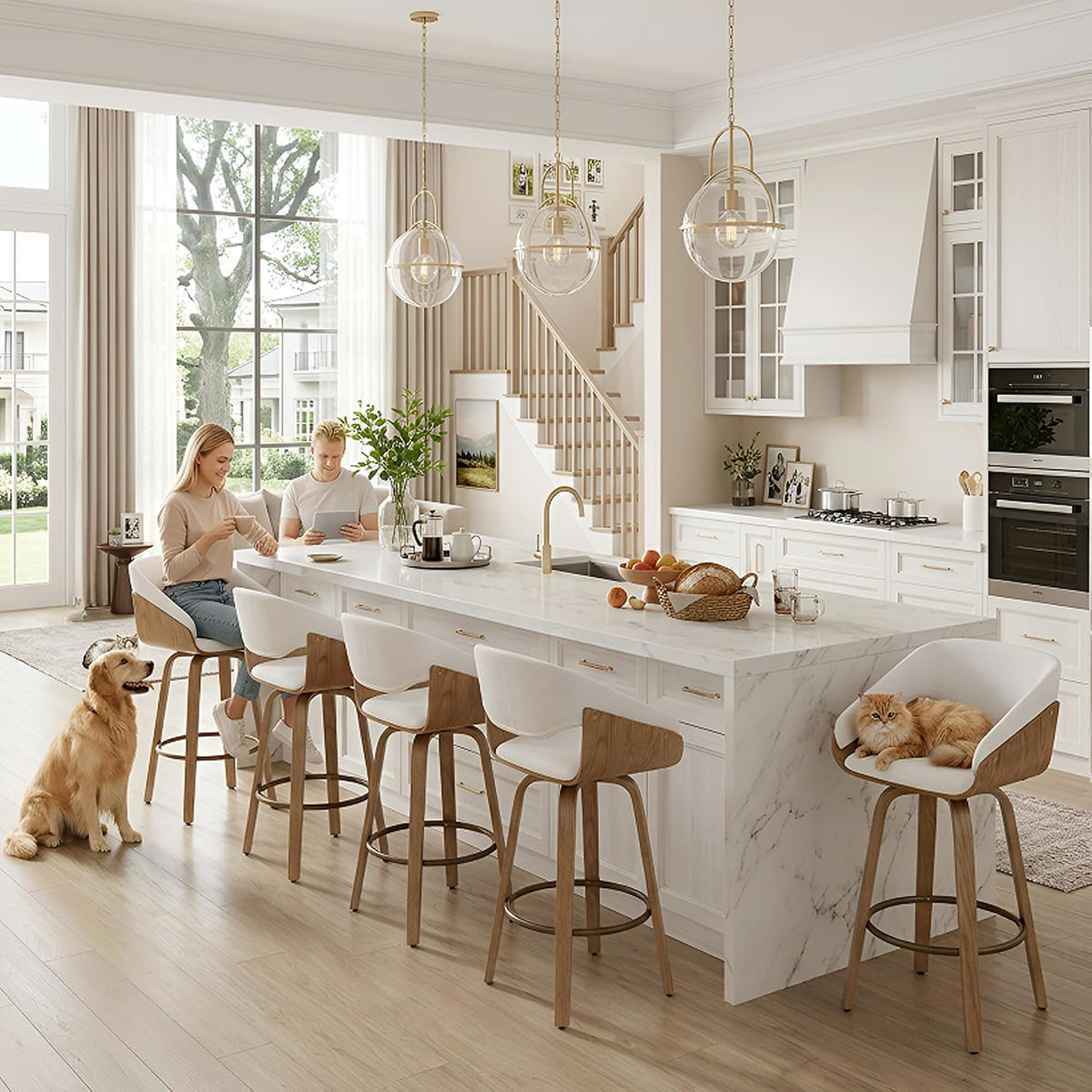 26'' Modern Barrel Swivel Counter Stools Counter Height Swivel Bar Stools with Backs Set of 6, White Linen Upholstered Bar Height stools, Farmhouse Solid Wood Barstools for Kitchen Island, Home Bar