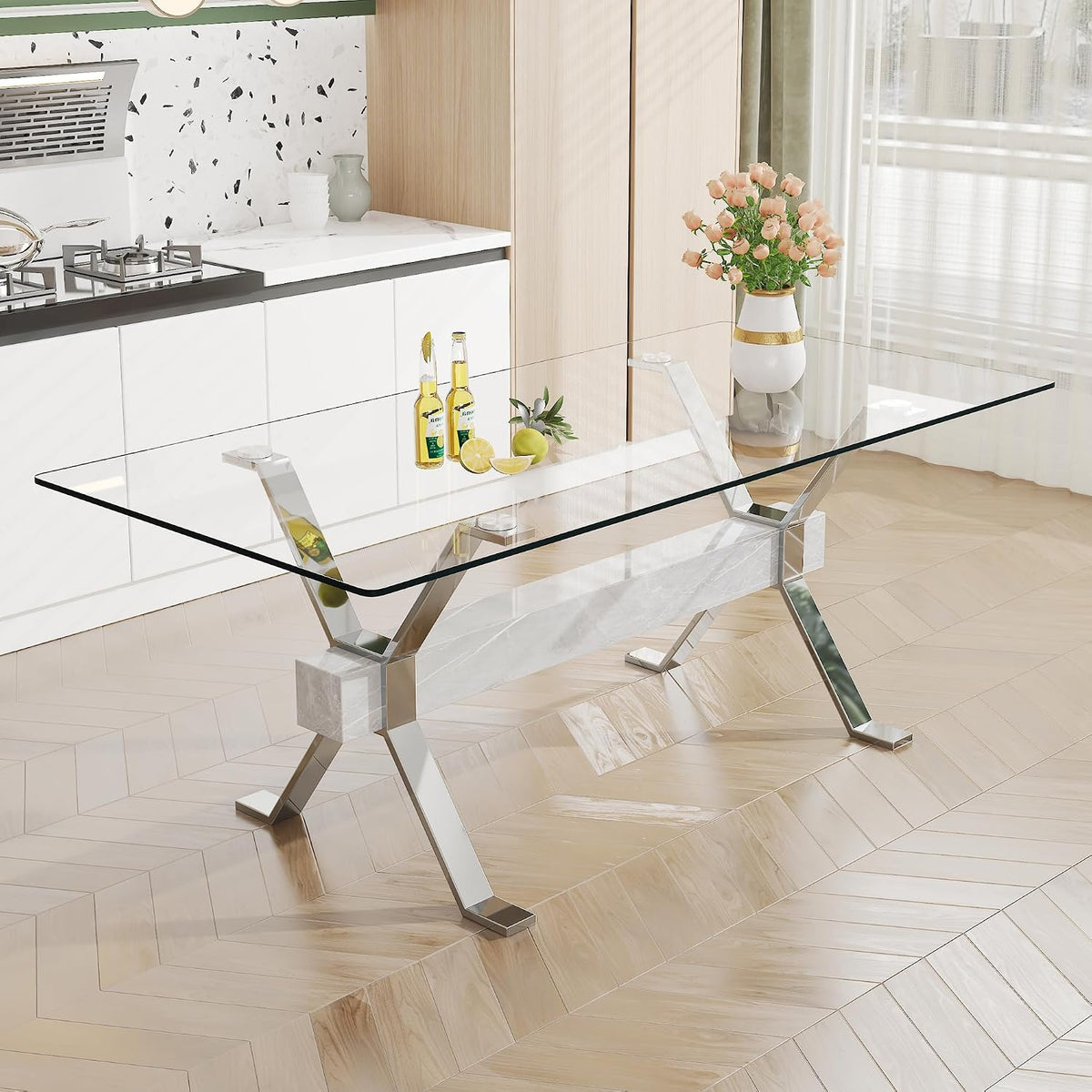 79'' Glass Dining Table, Modern Kitchen Table, Clear Dining Room Table with 0.5" Tempered Glass Tabletop with Plated Metal Legs and MDF Crossbar, Ideal for Dining Room, Kitchen.