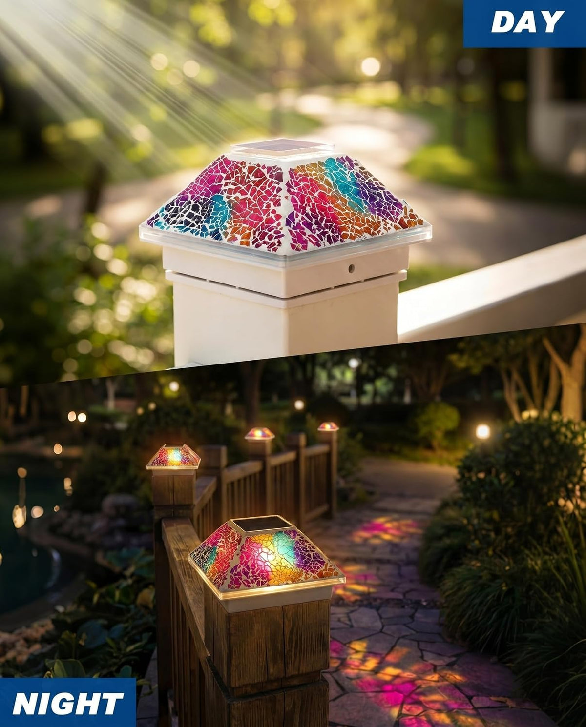 Tuanse 6 Pack Mosaic Solar Post Cap Lights for Fence Deck Posts, Colorful