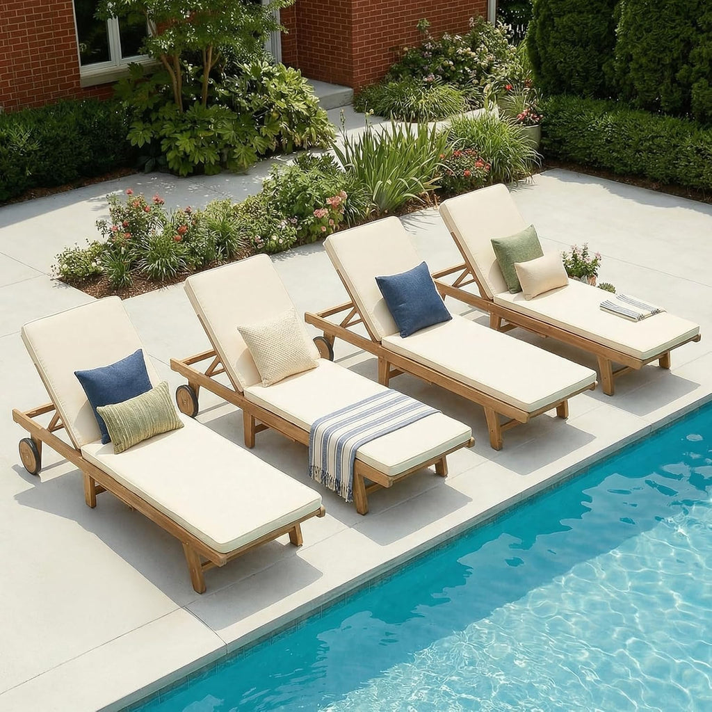 Patiorama Patio Acacia Wood Chaise Lounge Chair of 4, Pool Chair, Cream