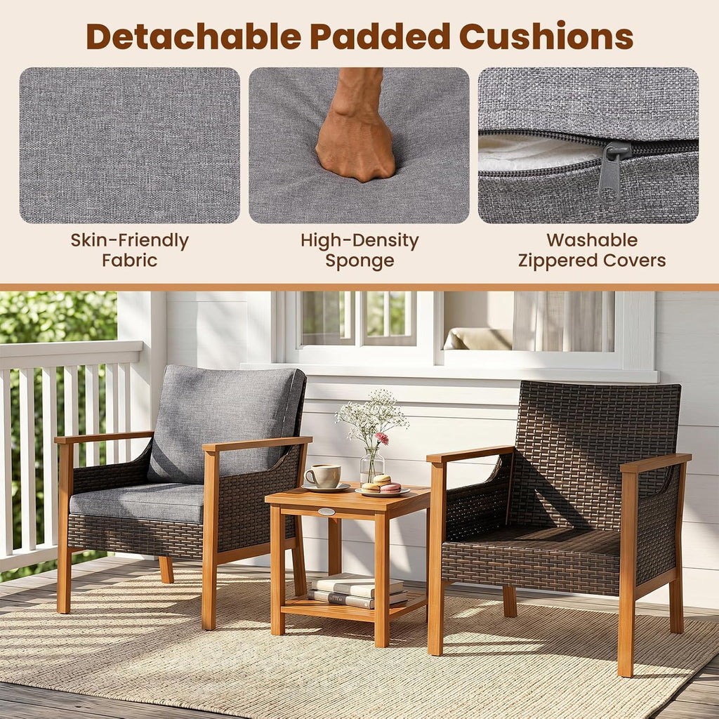Tangkula 3 Pieces PE Wicker Patio Bistro Set (Gray)