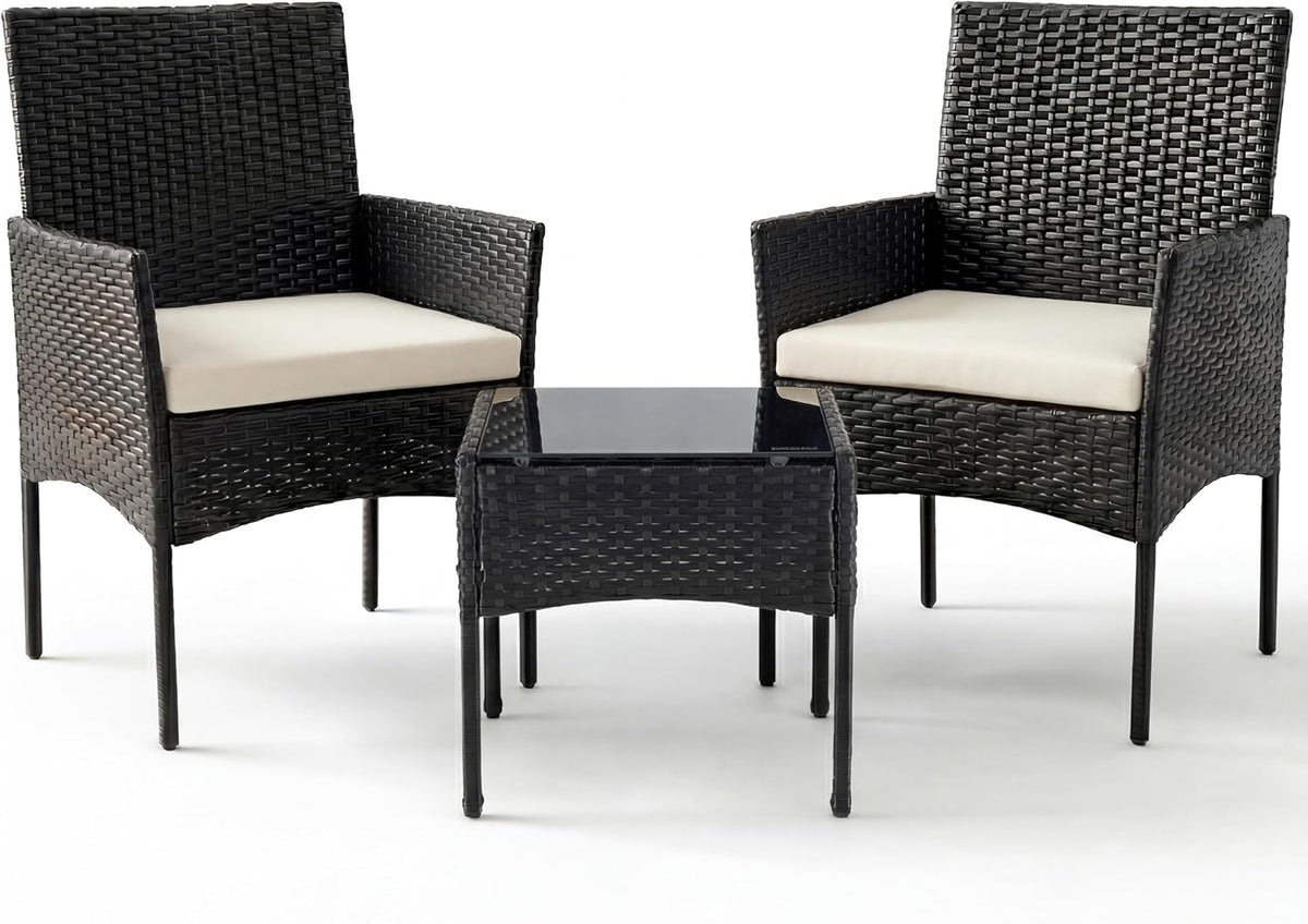 Sweetcrispy Outdoor Wicker Bistro Set, 3-Piece Patio Furniture, Black