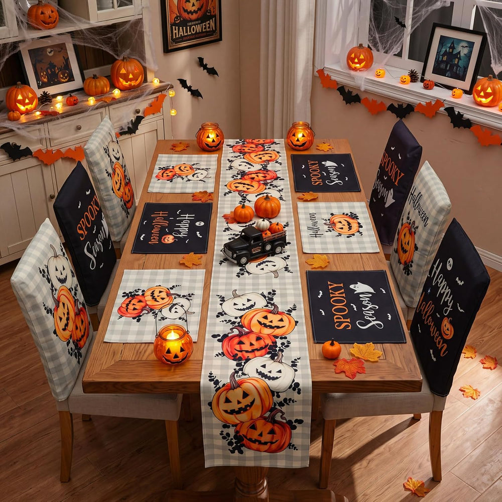 Newtay 13 Pcs Halloween Table Runner Placemats and Dining Chair Cover Set