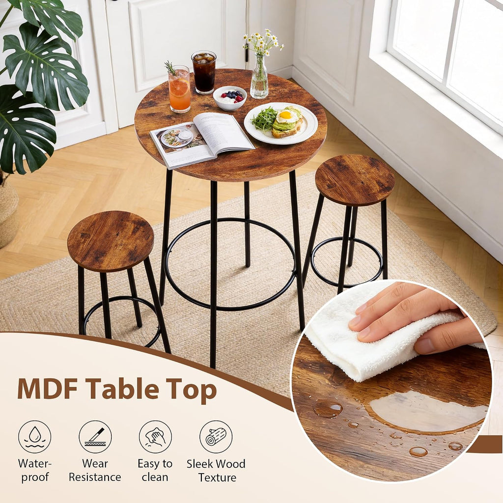 Nova Microdermabrasion 3 Piece Dining Table Set, Modern Round Bar Table and 2 Stools, Counter Height Wood Table and Chairs for Kitchen Breakfast Nook Dining Room Compact Space, Rustic Brown