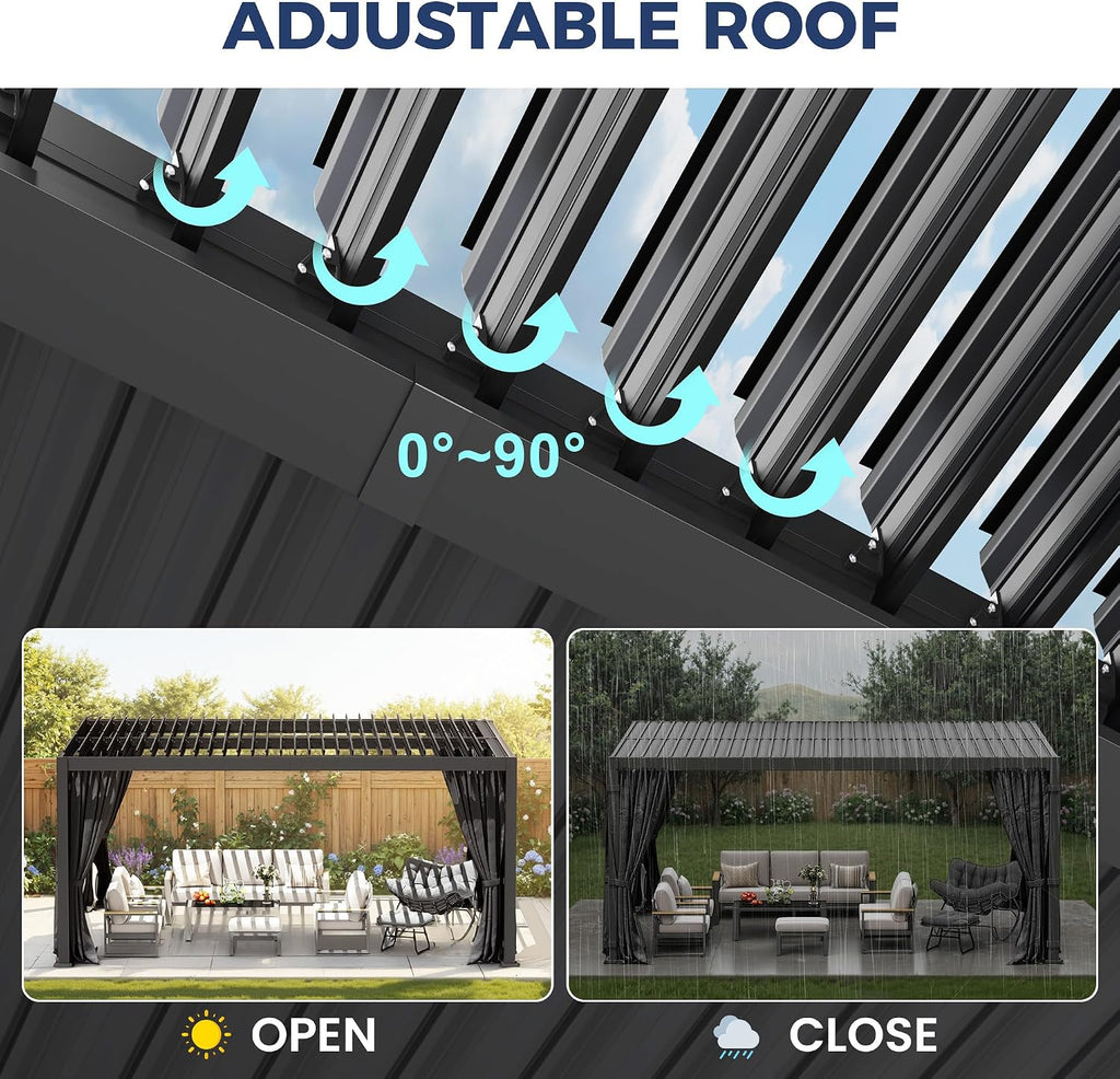 12' x 16' Pergola with Adjustable Louvered Roof and Aluminum Frame