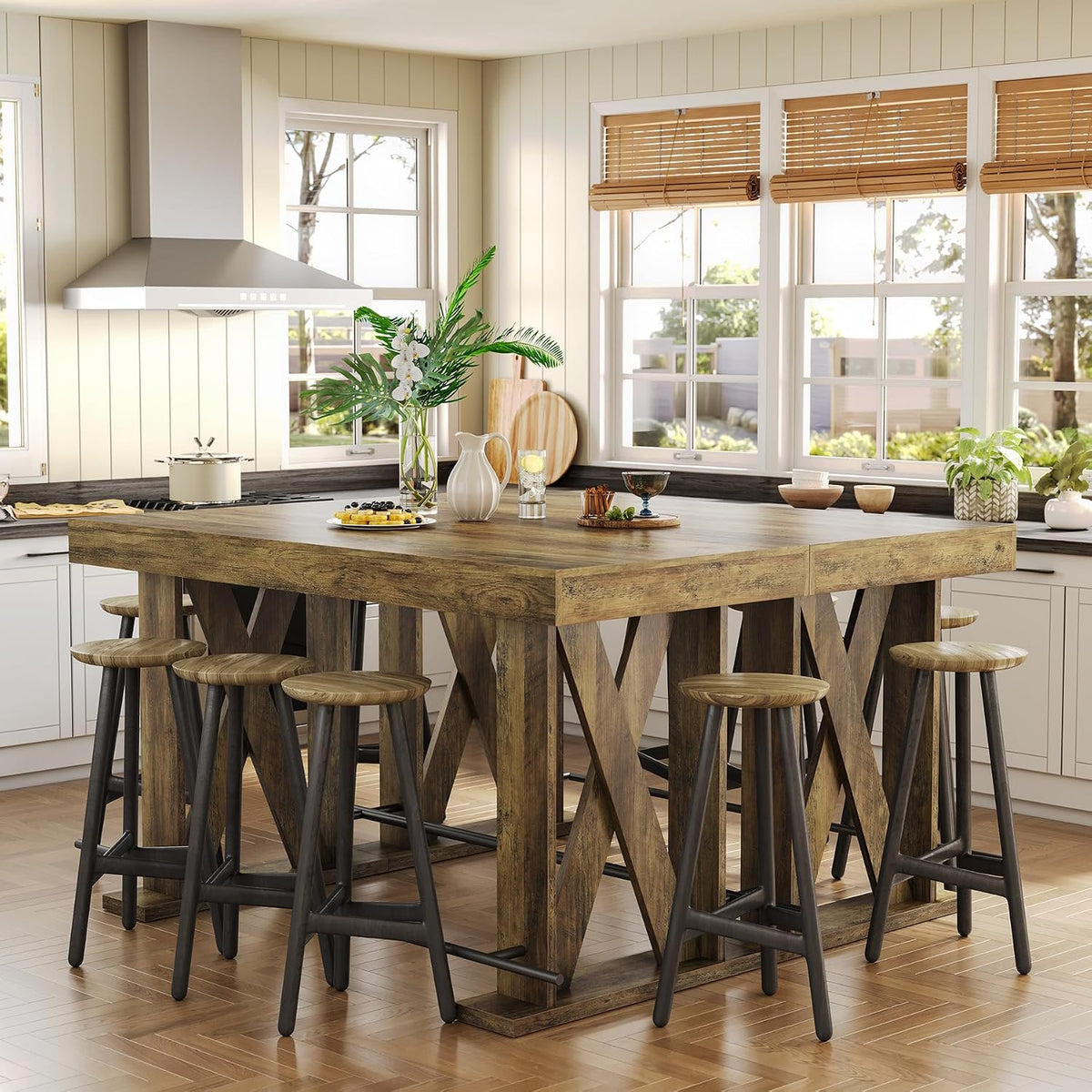 LITTLE TREE 63" Bar Table, Pub Table with Metal Footrest (Rustic Brown,1)