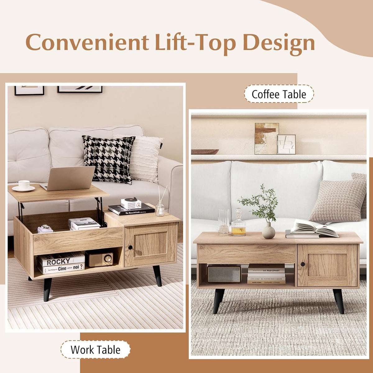 Tangkula Lift Top Coffee Table with Storage, Living Room Table with Hidden Compartment, Cabinet & Open Shelf, Flip Top Center Table, Pull up Coffee Table for Home, Office (Natural)