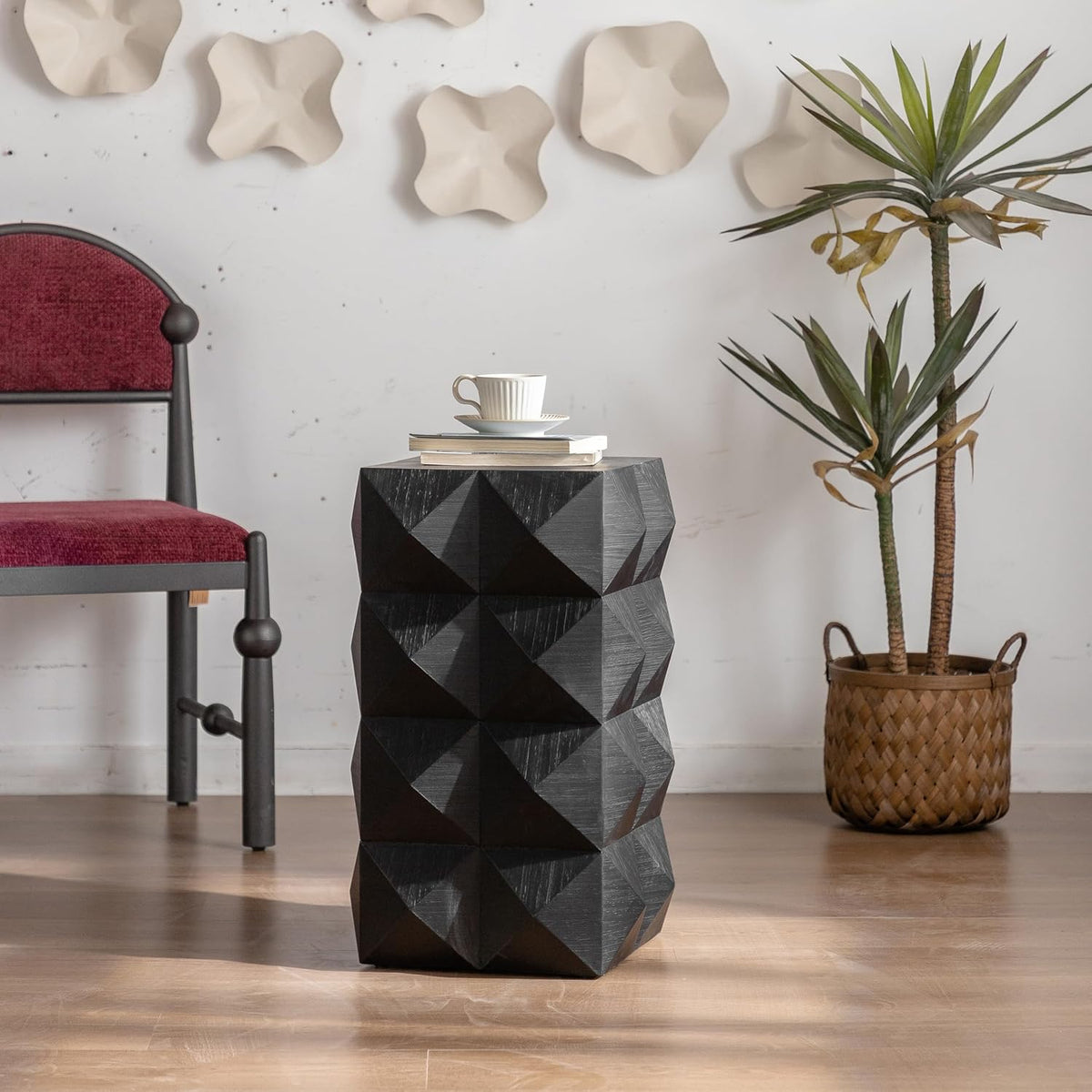 23.62"" Modern Boho end table side table, wooden three-dimensional relief coffee table for apartment bedrooms and offices Black