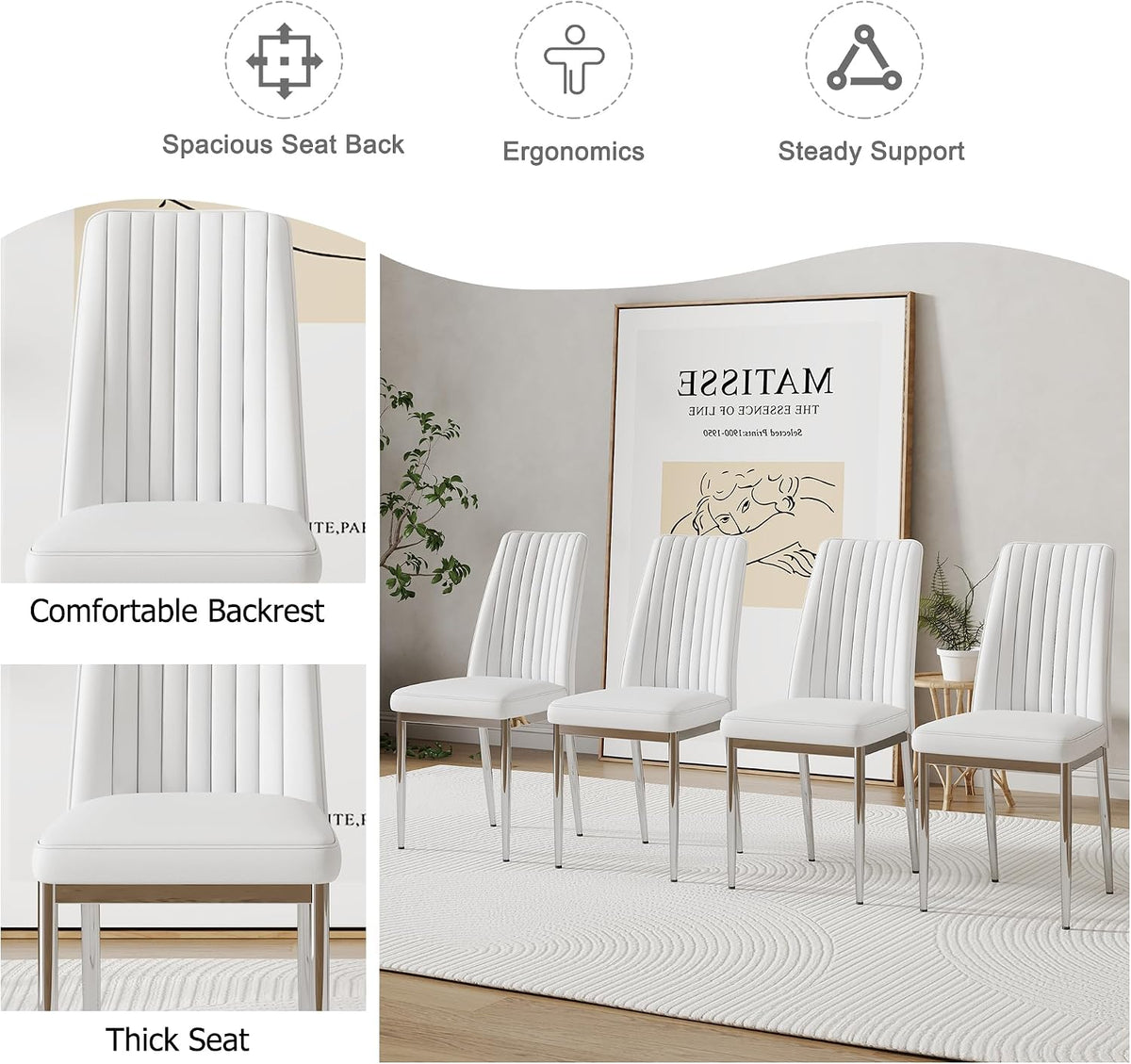 Modern Dining Chairs Set of 6,Dining Room Chairs Set of 6 with PU Leather and Chrome Leg High Back, Metal Chairs Sillas para Comedor Set de 6 for Kitchen, Living Room (WH-6)