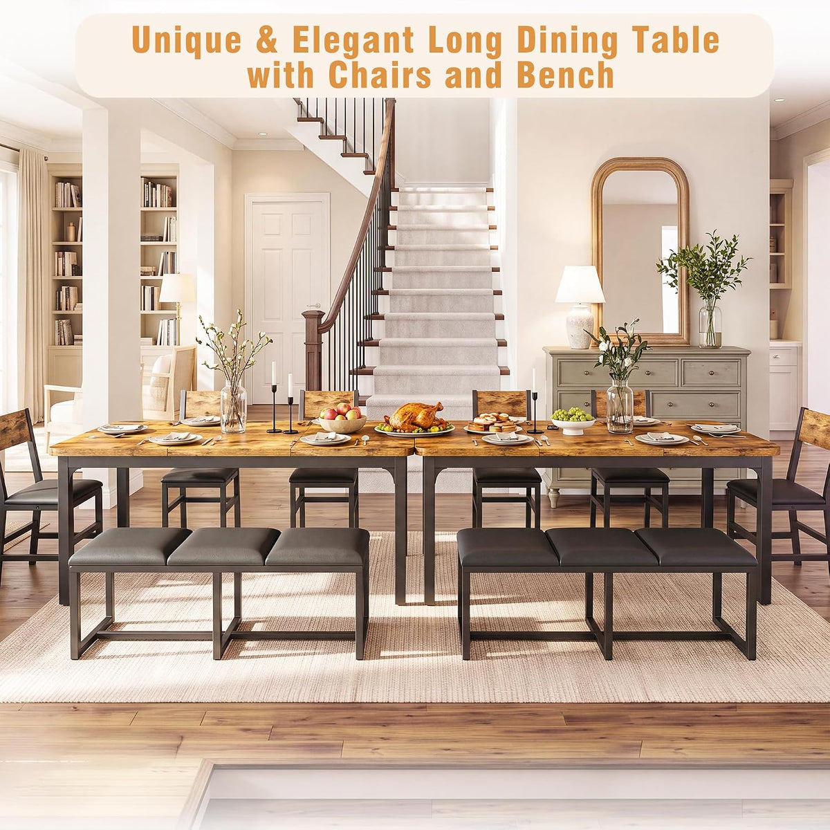 5-Piece Dining Table Set for 6, 63'' Long Kitchen Table Cushion Chairs Set with PU Bench and 3 Chairs, Rectangle Dining Table with Metal Frame & MDF Board, Space-saving for Small Apartment, Rustic