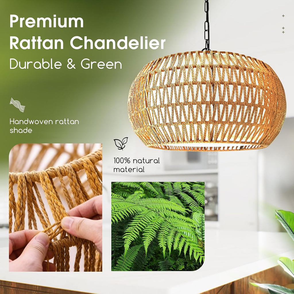 19" Boho Rattan Chandelier for Dining Room 5-Lights Farmhouse Chandelier
