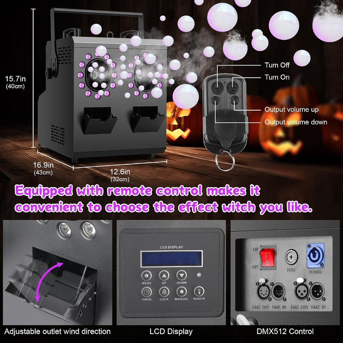 Fog Bubble Machine,1500W 3IN1 Smoke Bubble Machine with 24LEDs RGBW 4IN1 Lighting Effect Remote Control Timer Settings DMX512 for Halloween Birthday Parties Wedding Show Festival Stage