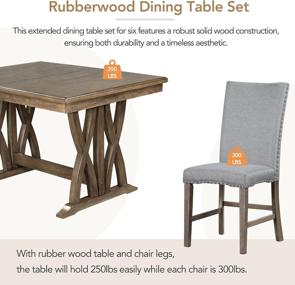 Mid-Century Extendable Dining Table Set for 6, Solid Wood 7-Piece Dining Table Set with 6 Upholstered Chairs and 12" Leaf, Home Breakfast Kitchen Dining Room Set for 6, Retro X Cross Trestle Base