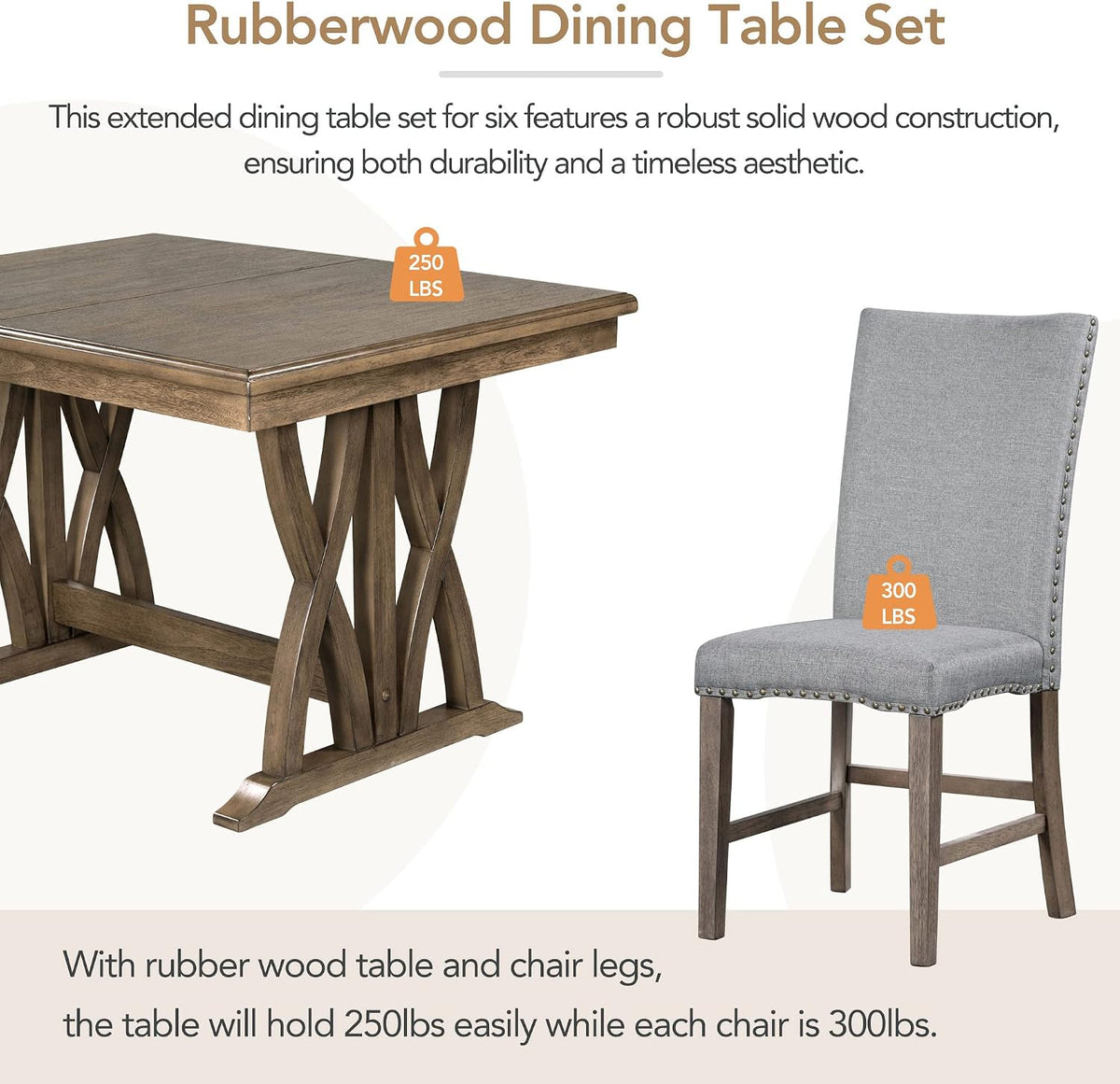 Mid-Century Extendable Dining Table Set for 6, Solid Wood 7-Piece Dining Table Set with 6 Upholstered Chairs and 12" Leaf, Home Breakfast Kitchen Dining Room Set for 6, Retro X Cross Trestle Base