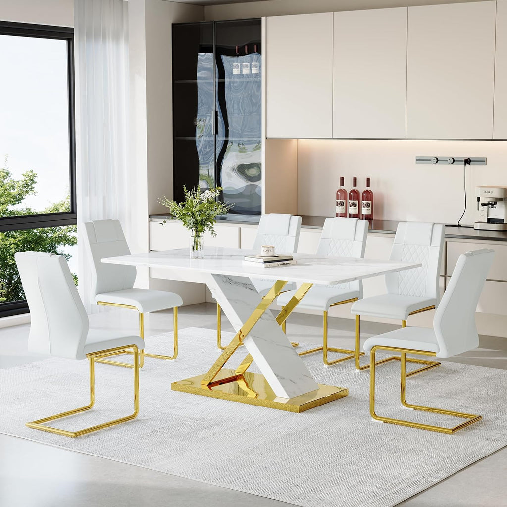 YUNDREAM Modern Marble Dining Table Set for 6,White Gold 63'' Dining Room Table with Chrome Plated X-Shaped Frame and White Leather Dining Chairs,Easy Assemble,Kitchen Table and Chairs for Dining Room