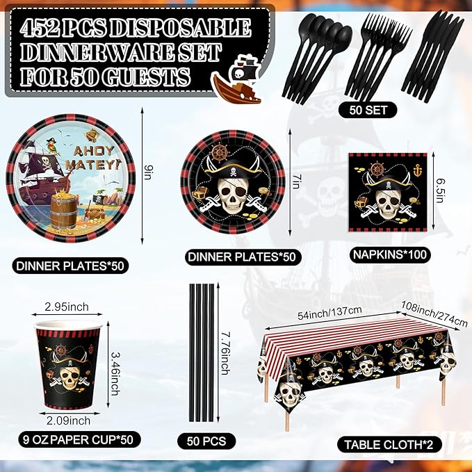 452 Pcs Pirate Party Supplies Decorations for 50 Guests, Pirate Treasure Theme Paper Plates Napkins Cups Tablecloth Cutlery Straws for Adult Halloween Birthday Party Decorations