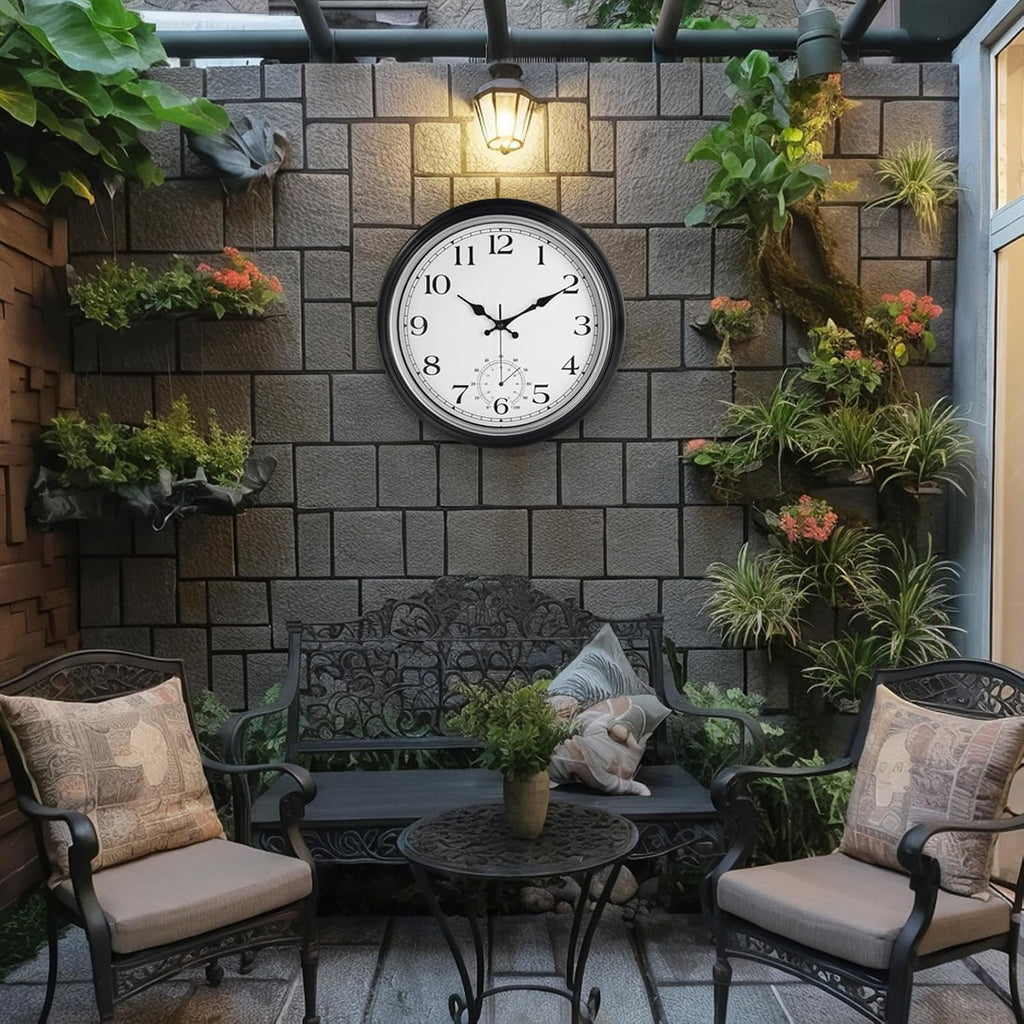 JoFomp Large Waterproof Outdoor Clock with Thermometer Combo - 16 inch Silent Non Ticking Quartz Battery Operated Wall Clock for Patio, Home, Pool, Garden, Porch, Deck (Silver, 16 Inch)