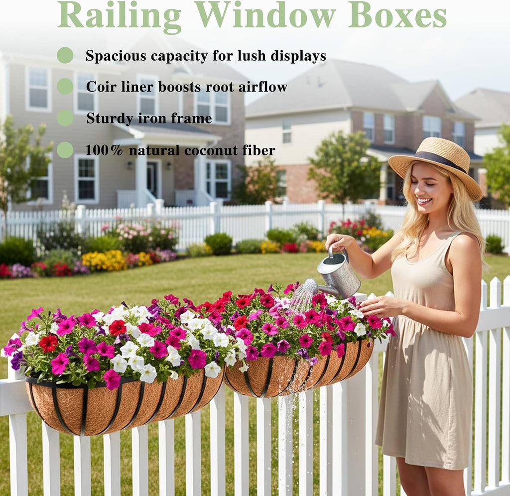 36 Inch Railing Planter Window Box Deck Balcony Rail Planter with Coco Liner Metal Wall-Mounted Coconut Liner Planters Basket Horse Trough Planters for Outdoor Balcony Porch Fence Patio (2 Pack)