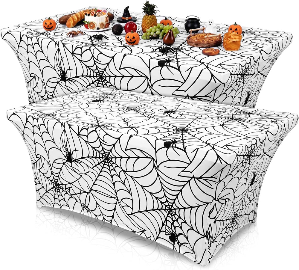 Frienda 2 Pcs Halloween Tablecloth 6ft White Spiderweb Stretch Table Covers