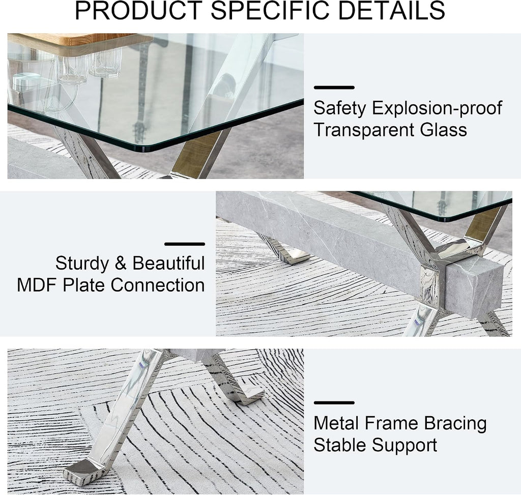 79'' Glass Dining Table, Modern Kitchen Table, Clear Dining Room Table with 0.5" Tempered Glass Tabletop with Plated Metal Legs and MDF Crossbar, Ideal for Dining Room, Kitchen.