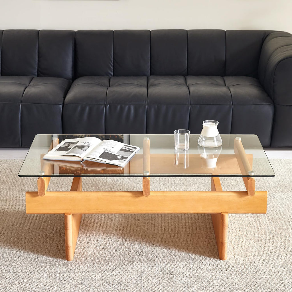 Finekoze Glass Coffee Table for Living Room,100% Solid Wood Coffee Table with Rectangular Tempered Glass Top,Mid Century Modern Coffee Table,Wood