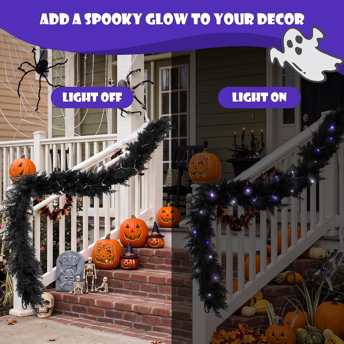 Fovths 12 Ft Pre‑Lit Black Halloween Garland, Artificial Cedar Vine Decor