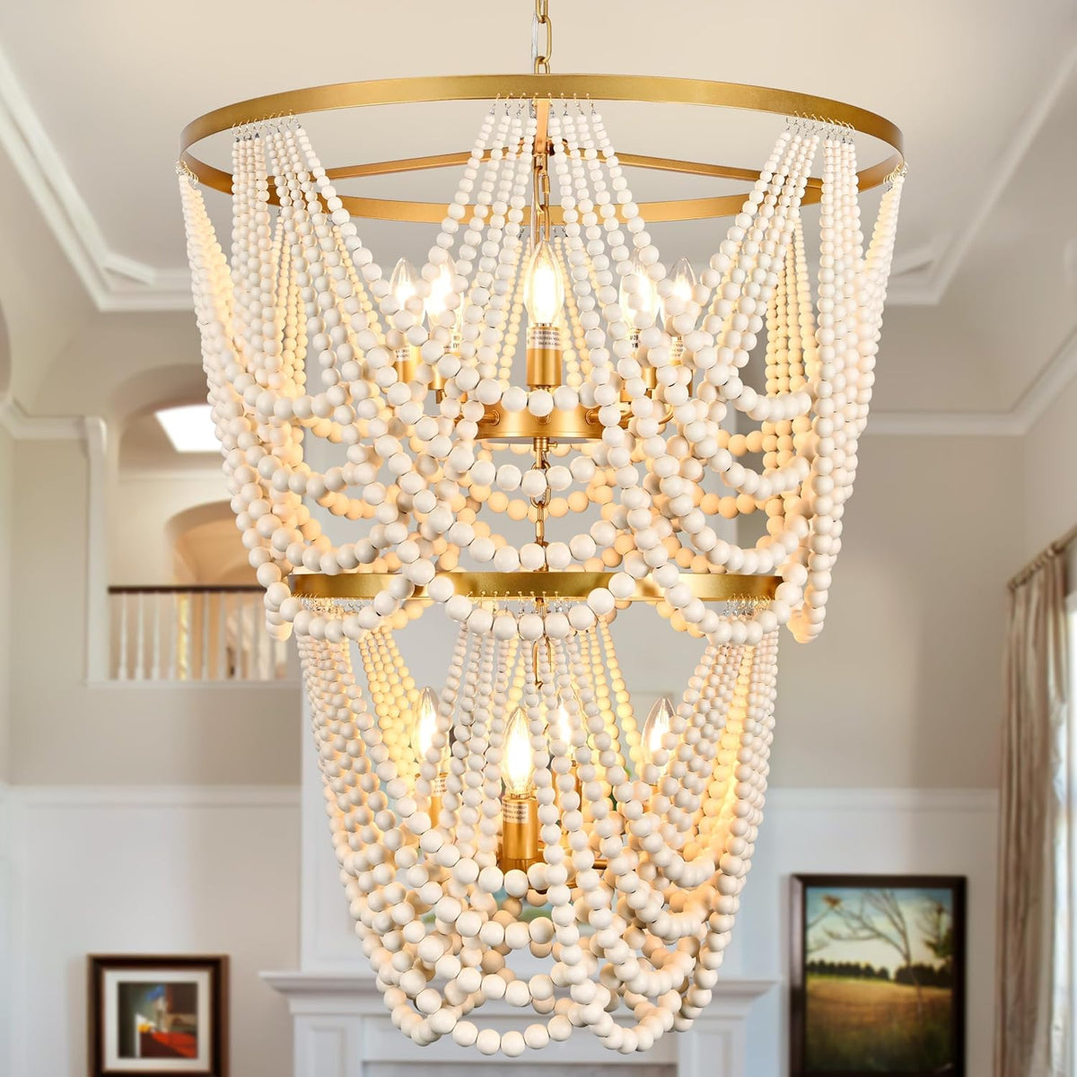 12-Light 25.6" Boho Wood Beaded Chandelier for Living Room, H88 Adjustable 2-Tier Gold Large Boho Chandelier for Entryway, Dimmable Coastal Chandeliers for Bedroom Foyer Staircase
