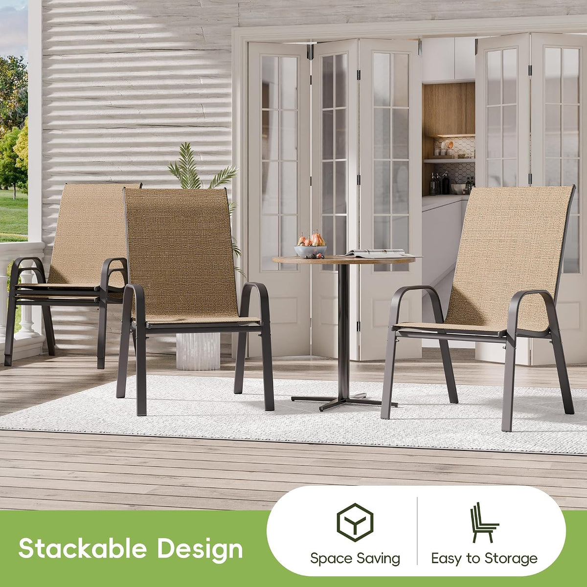 Patio Chairs Set of 4, Outdoor Dining Chairs Stackable for All Weather, Breathable Metal Modern Outside Furniture Chair for Pool Side, Garden, Backyard Deck, Brown