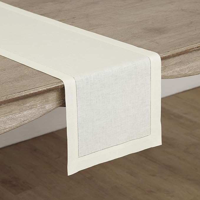 Solino Home Linen Ivory Table Runner 72 Inches Long - 100% Pure Linen Hemstit...
