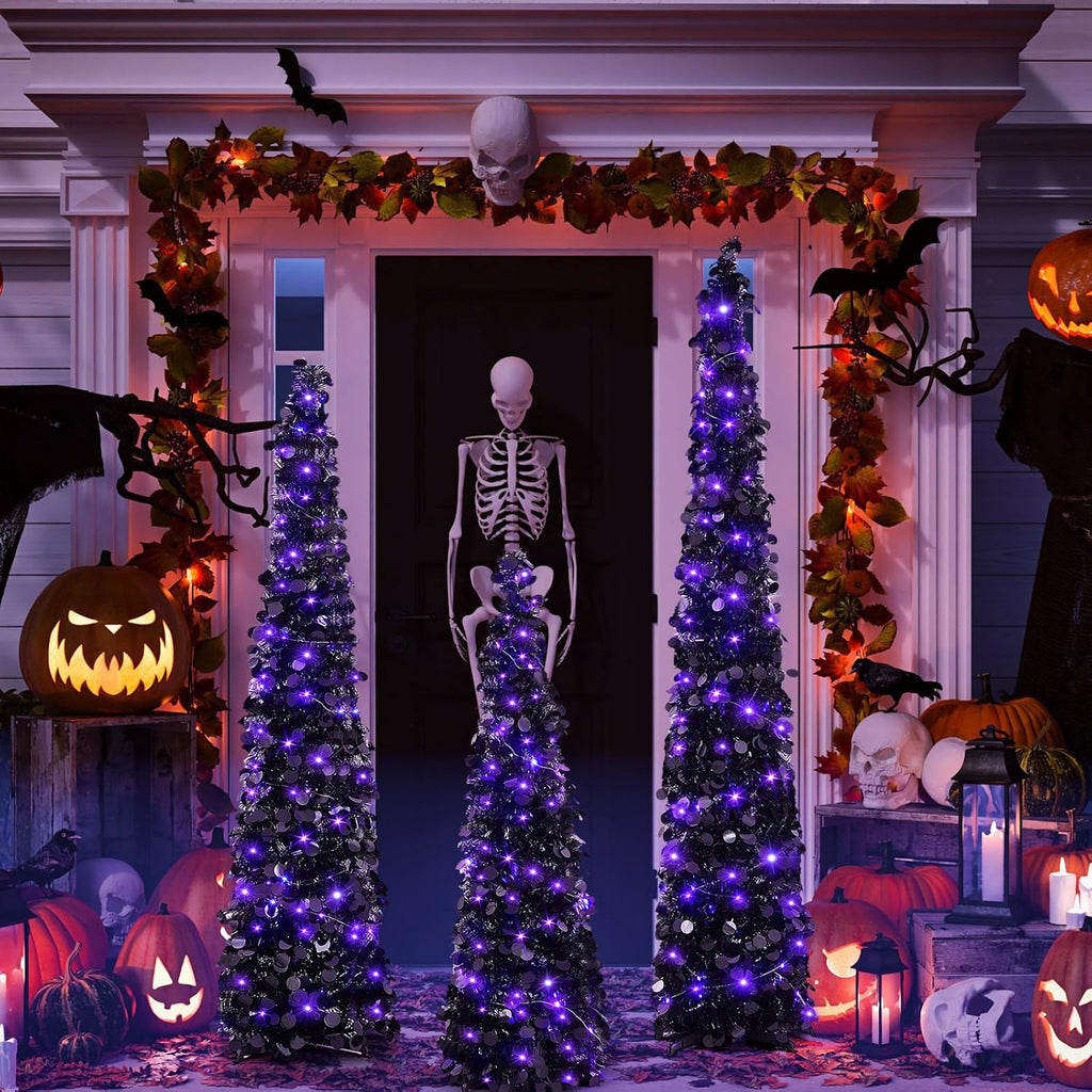 Shappy 3 Pcs 4/5/6 Ft Black Tinsel Halloween Tree with Purple Lights