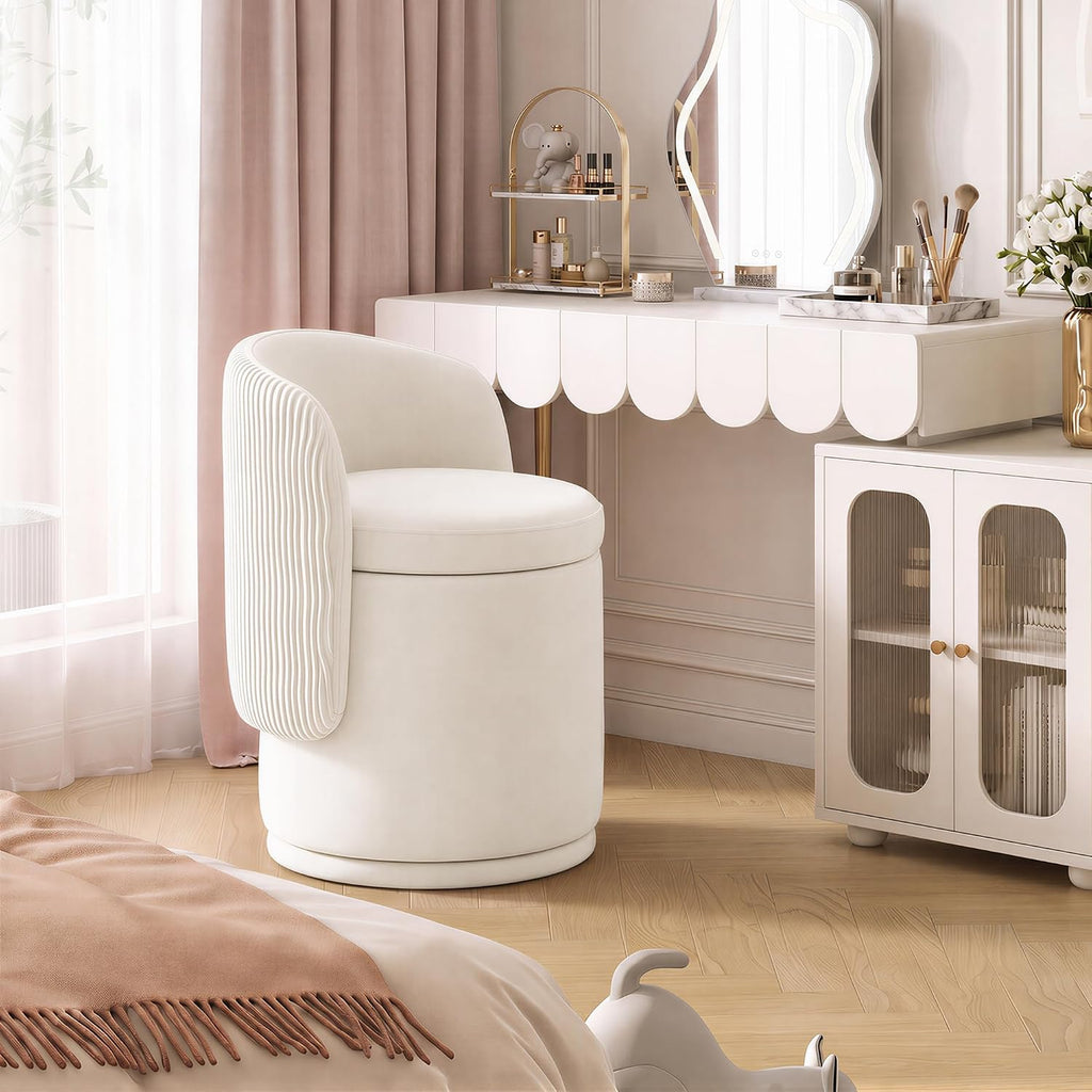 MALOL 360° Swivel Velvet Vanity Chair with Storage, Beige